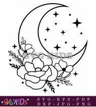 Cute Moon And Flowers Simple Tattoo SVG