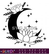 Black And White Moon With Lotus Flower SVG