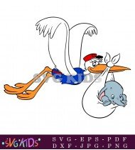 A Stork Delivers Baby Dumbo Wrapped In A Cloth Flying Gracefully With Dumbo's Ears Peeking Out SVG