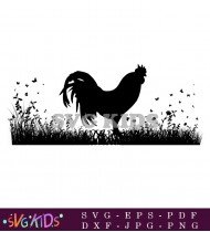 Silhouette Rooster Bird In Black Against Grass SVG