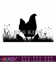 Black And White Chicken Silhouette Grass Field SVG