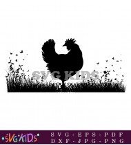 Black Chicken Silhouette In Green Grass SVG