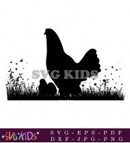 Chicken With Chicks Standing In Meadow SVG