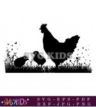 Black Silhouettes Of Chickens In Grass SVG