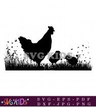 Hen Silhouette In Grass Field Background SVG