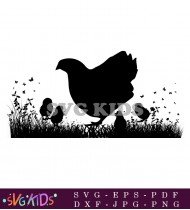 Hen And Chicks In Grass Vector Illustration SVG